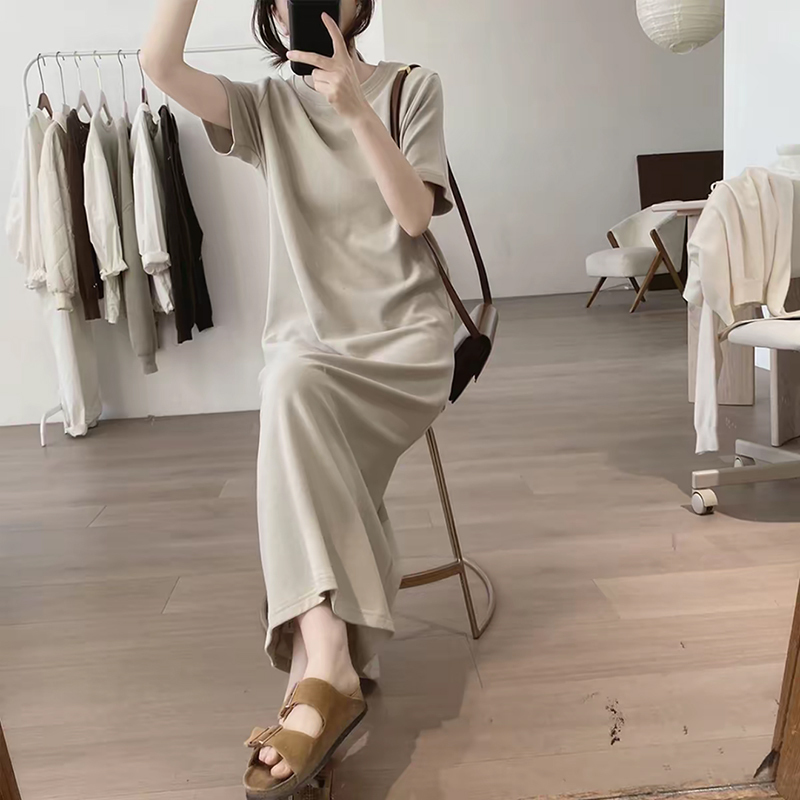 2026 Summer New Pure Cotton Short-Sleeved T-Shirt Dress for Women, Korean Style Loose and Lazy Style, Belly-Covering, Versatile Over-The-Knee Dress