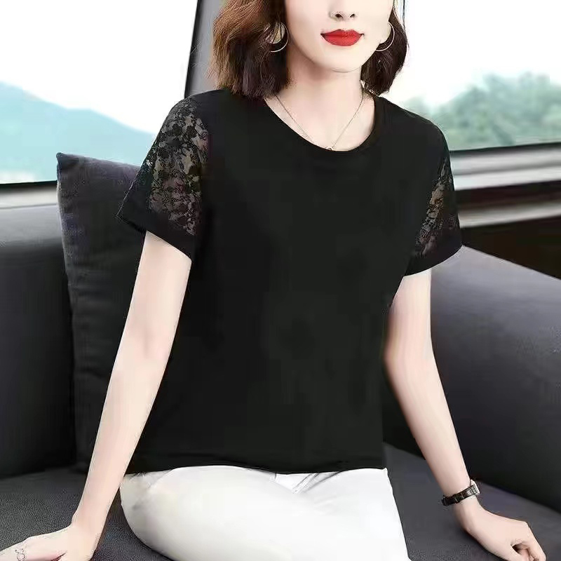 Lace Short-Sleeved T-Shirt for Women 2026 Summer New Style Loose Slimming Mesh Stylish Age-Reducing Black Women's Top