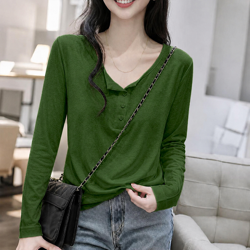 Green Henry Collar Button-Down Long-Sleeve T-Shirt for Women, Early Autumn New Fashion Casual Versatile Base Shirt with a High-End Feel Green Henry Collar Button-Down Long-Sleeve T-Shirt for Women, Early Autumn New Fashion Casual Versatile Base Shirt with a High-End Feel