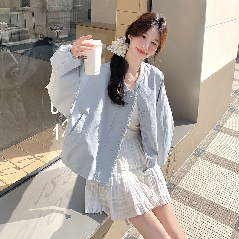 Light Blue Lace-Trimmed Short Baseball Jacket for Women, 2026 Spring New Korean Style, Super Pretty Thin Jacket