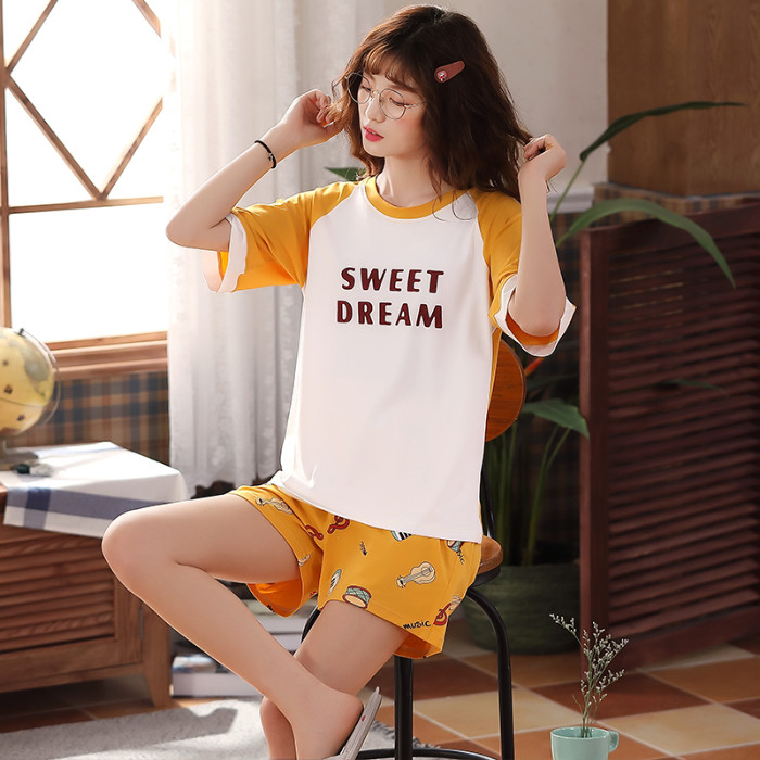 đồ ngủ cotton womens mùa hè mỏng sinh viên Nhật Bản ngắn tay áo hai mảnh bộ ins ròng thủy triều đỏ bật quần áo sân nhà lớn.