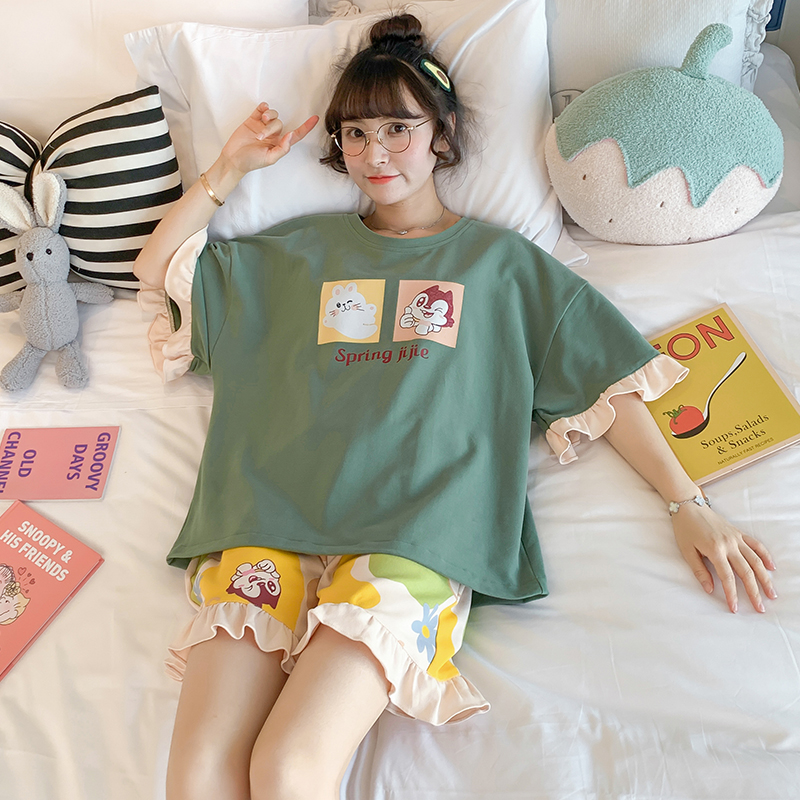 Pajamas women's summer thin cotton short-sleeved 2021 new two-piece suit can go out and wear casual home clothes