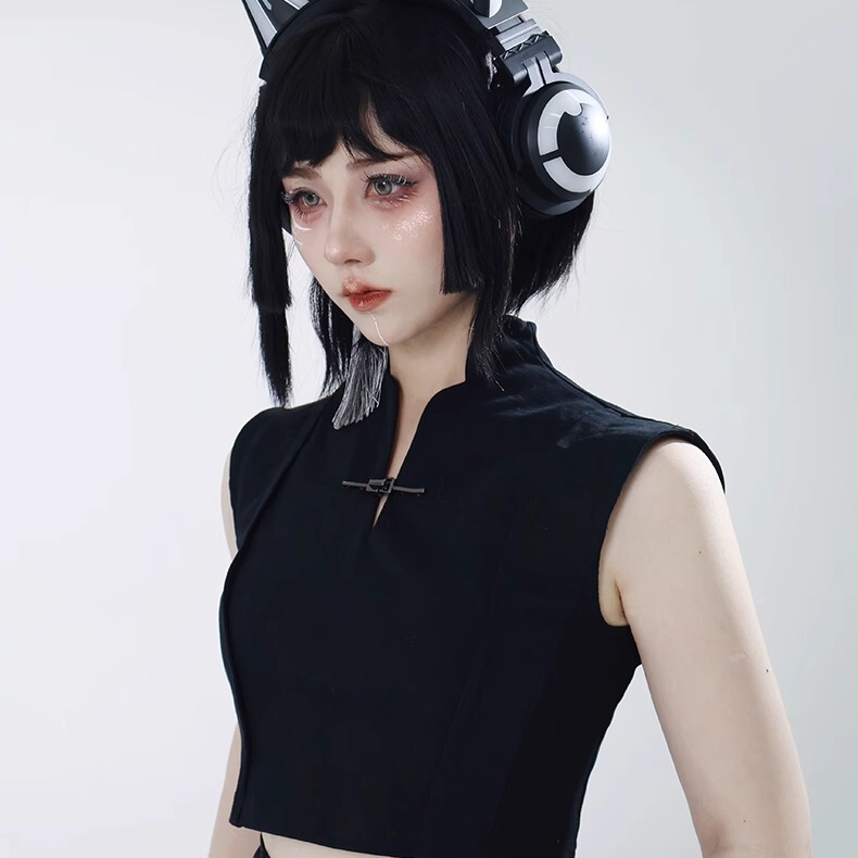 【White Night Without Phase】Fenghua Guoguo Ling Original New Chinese Style Versatile Cotton T-Shirt Sleeveless Buttoned Short Vest