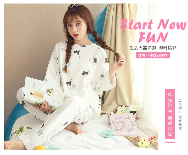 Đồ ngủ nữ ở Nam Cực mùa xuân và mùa thu cotton dài tay dễ thương phiên bản Hàn Quốc của bộ đồ rộng kích cỡ lớn quần áo mùa thu dịch vụ tại nhà có thể mặc