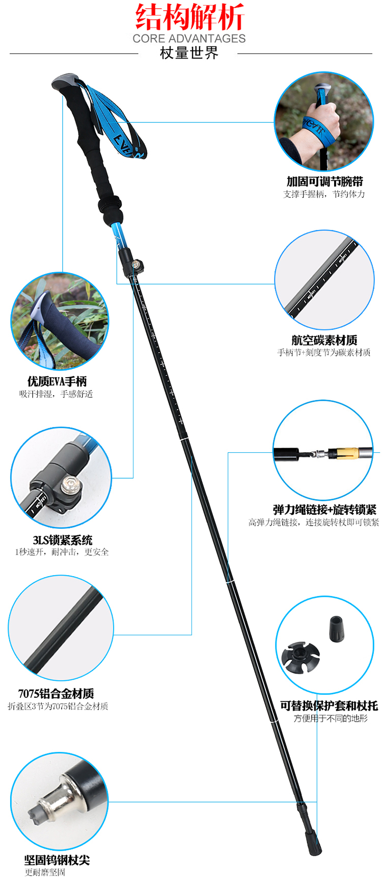 Fafia trekking cực carbon nhôm nhẹ có thể thu vào khóa gấp 4 gậy đi bộ cầm tay - Gậy / gậy gậy có bánh xe cho người già	
