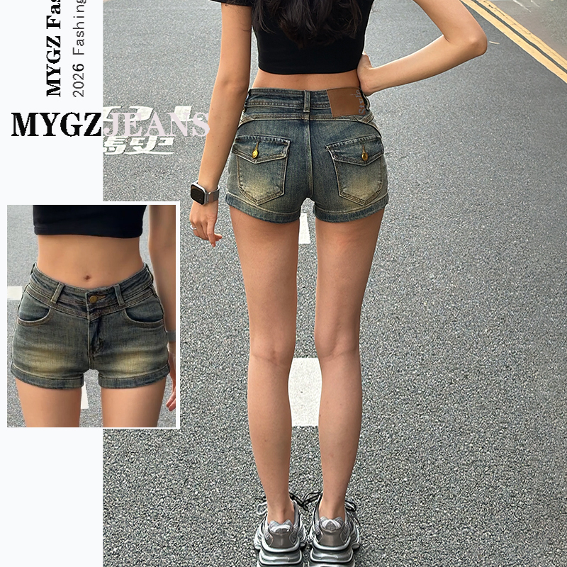 2026 New Summer Washed Denim Slim-Fit Hot Pants with Mid-Rise Waist, Pocket Back Flap Design, Denim Shorts 2026 New Summer Washed Denim Slim-Fit Hot Pants with Mid-Rise Waist, Pocket Back Flap Design, Denim Shorts