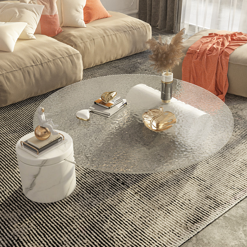 Italian light luxury minimalist round rock slab small apartment designer household marble water ripple hot melt glass tea table