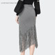 European station 2022 spring high waist houndstooth skirt women's mid-length irregular fringed hip skirt bottoming skirt