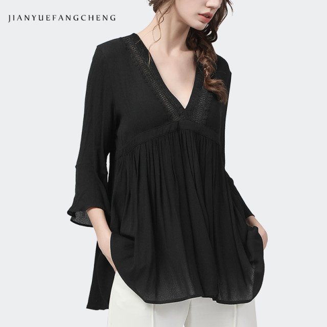 European station v-neck chiffon top women's mid-sleeve summer cover belly loose and thin Western-style fashion all-match bottoming shirt