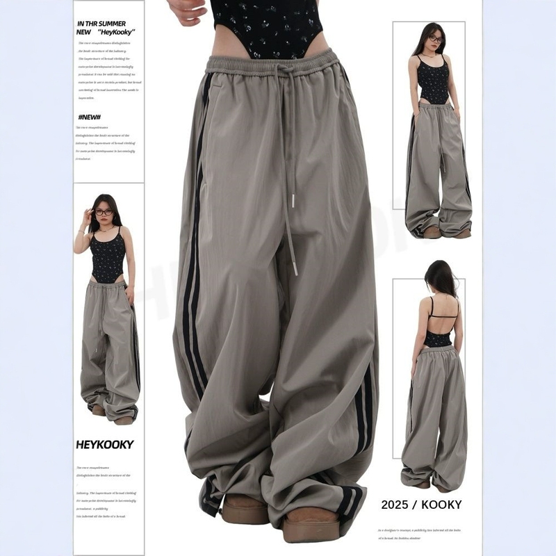 Striped Wide-Leg Jogger Sweatpants for Women, Cargo Quick-Dry Pants, Summer American-Style Loose, Casual, Floor-Length Stacked Pants