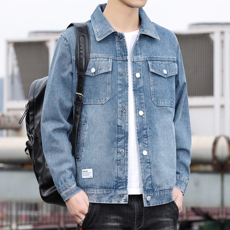 American-Style Washed Men's Light Blue Vintage Denim Jacket, Spring and Autumn Thickened Stiff Shirt, Short Jacket