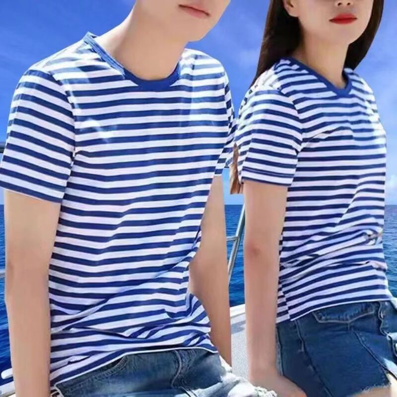 Men's and Women's Retro Long and Short Sleeve Sailor Shirts, Sailor Suits, Striped Nostalgic Round Neck Couple Navy Style Cotton Autumn and Summer Shirts