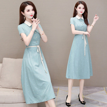 Short sleeve one-piece dress woman 2022 Summer new foreign air collection waist and body Fashion ladies pure colour over knee long skirt