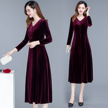 Ocean Gas Gold Velvet Long Sleeve Dress Woman Spring 2022 New Cover Tummy Temperament V Collar Spring Autumn Bottom Skirt