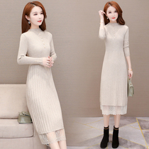 Knitted sweater beating undercoat dress woman 2022 spring new fit great dress temperament spring autumn lace over knee long skirt