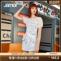 Jamor Spring Summer Blue Paint Sweet Hanging Dress with Loose Cotton High Waist A-Lent Dress