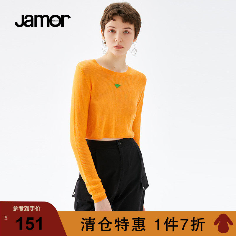 Jamor autumn new simple and sweet low round neck pullover sweater women's thin section bottoming sweater orange