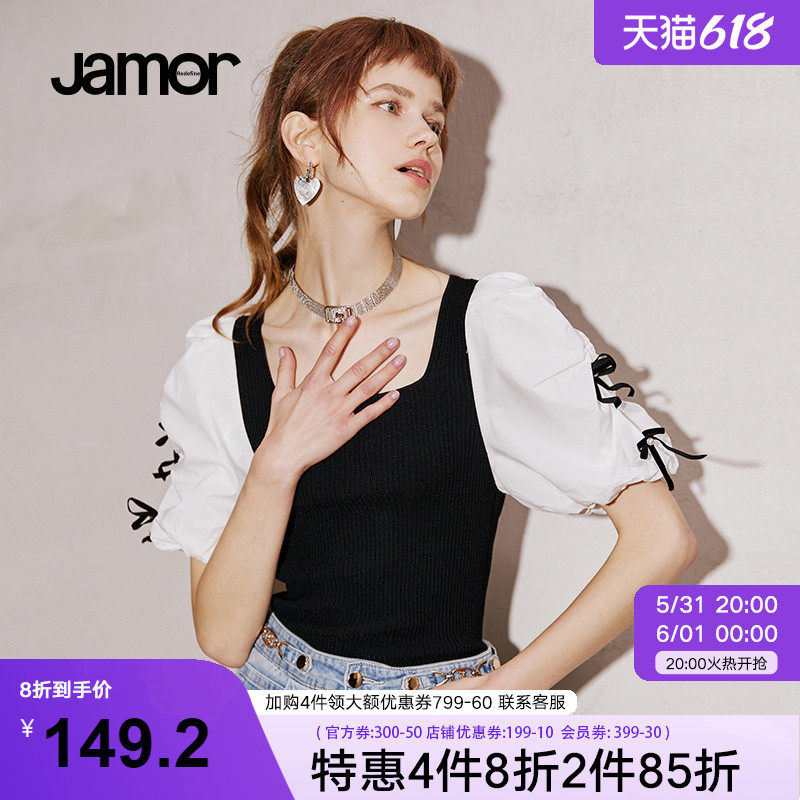 Jamor short sleeve blouses woman 2022 spring and summer new collision color splicing short blouses blouses blouse sweatshirt sweetness