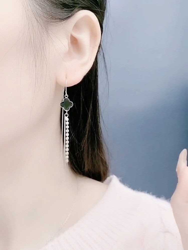 Pure Silver Ear Necklace 2021 New Tide Models Fashion Four Leaf Grass Streaming Suearrings Superfairy Temperament Slim Face Anti-Lose Ear Accessories