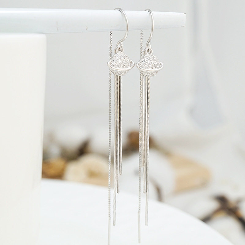 Pure silver ear jewelry 2021 new trend fashion planet universe earrings super fairy temperament anti-lost tassel ear wire female
