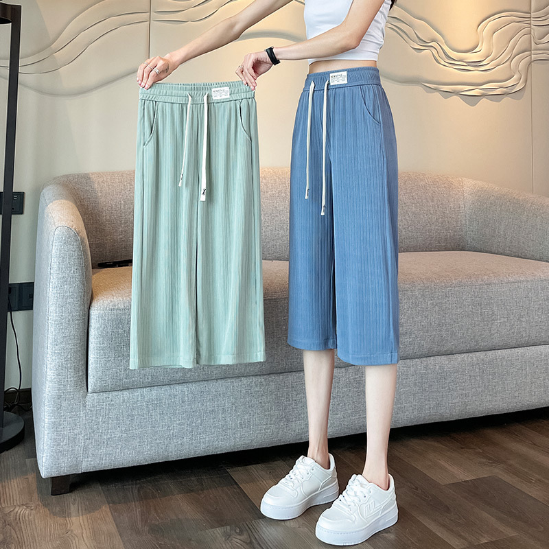 Women's Cropped Pants, Summer Thin Ice Silk Wide-Leg Pants, Loose Fit, 2026 New Popular Casual Plus-Size Sports Pants for Women