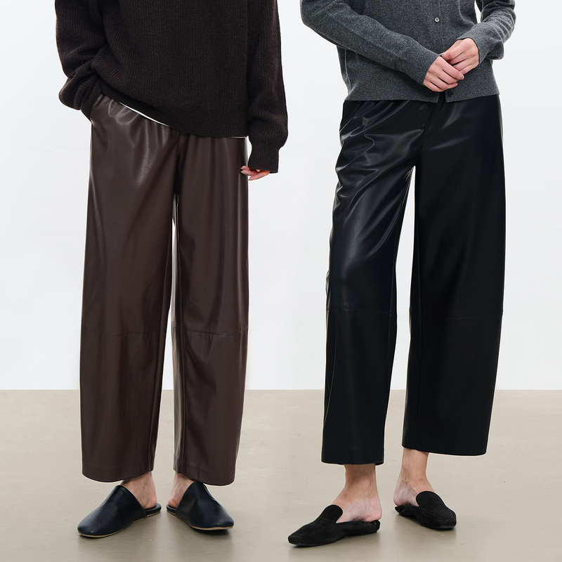 Cemo Autumn and Winter High-Quality Eco-Friendly Leather Versatile Elegant Commuting Balloon Pants Warm Fleece-Lined Pu Leather Nine-Point Pants for Women