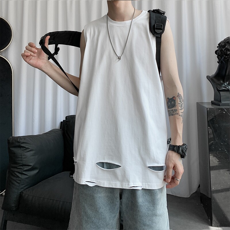 Hurdle vest tide brand ins outside wearing summer men's ripped sleeveless T-shirt personality trend hong kong style loose shoulder thin