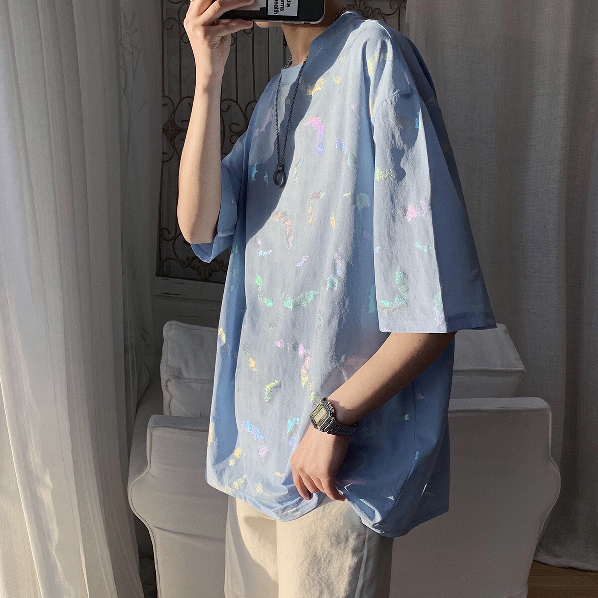 Bat T-shirt Male Short Sleeve Summer Trend Reflective Clothing Male Tide Signs port Wind Relaxed Half Sleeve Design Sensation