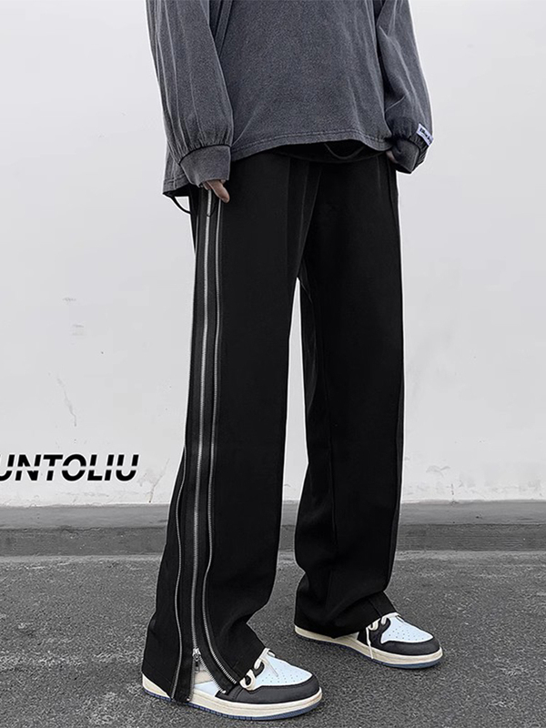 Double Zipper Design Casual Pants Trendy Men's Summer High-End Wide-Leg Trousers American Hip-Hop Rock Pants