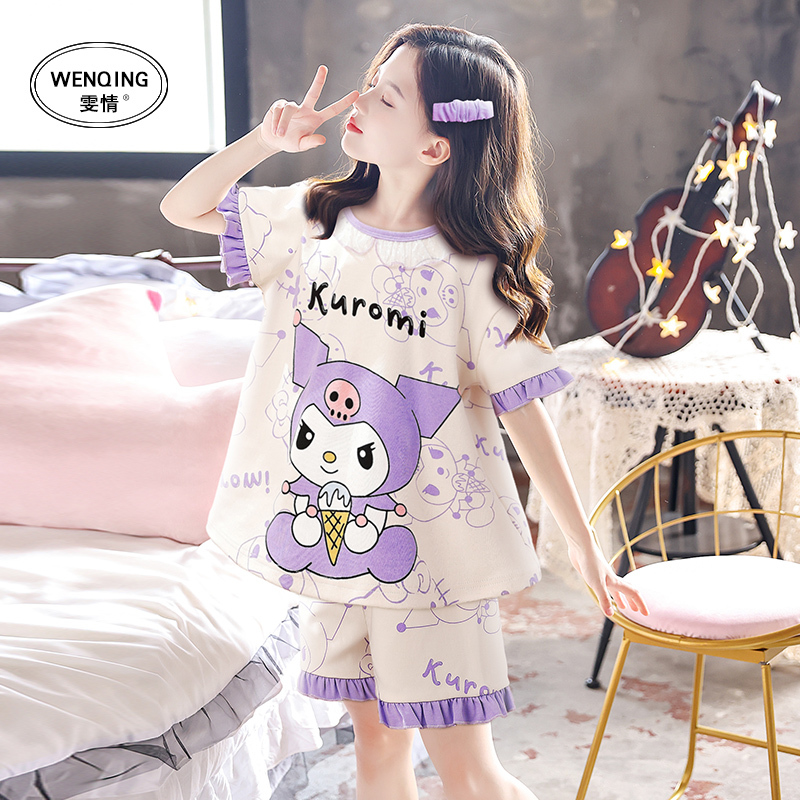 Girls' Pajamas Short-Sleeved Summer Pure Cotton Thin Style for Older Children Cute Cartoon Round Neck Children's Home Wear Set Girls' Pajamas Short-Sleeved Summer Pure Cotton Thin Style for Older Children Cute Cartoon Round Neck Children's Home Wear Set