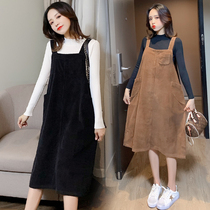 Pregnant womens dress Net red autumn and winter suit age-reducing foreign corduroy strap skirt suit