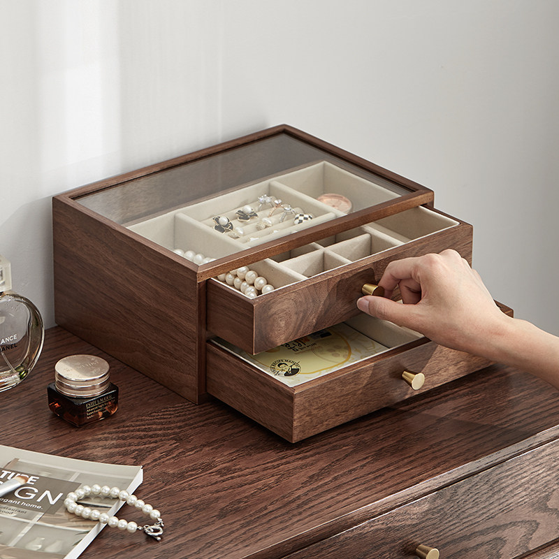 Wooden jewelry storage box visual drawer double-layer earrings ear pin necklace hair accessories box large jewelry box ins wind