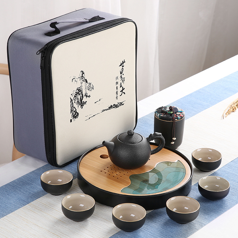 Sand embellish travel of black ceramic tea set household contracted Japanese office small round tray is suing portable package