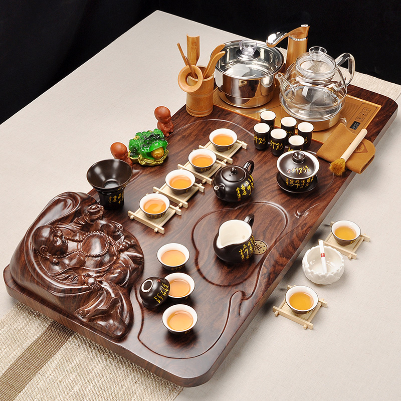 Automatic regimen glass pot of tea set of household solid wood tea tray was violet arenaceous kung fu tea set contracted tea combination