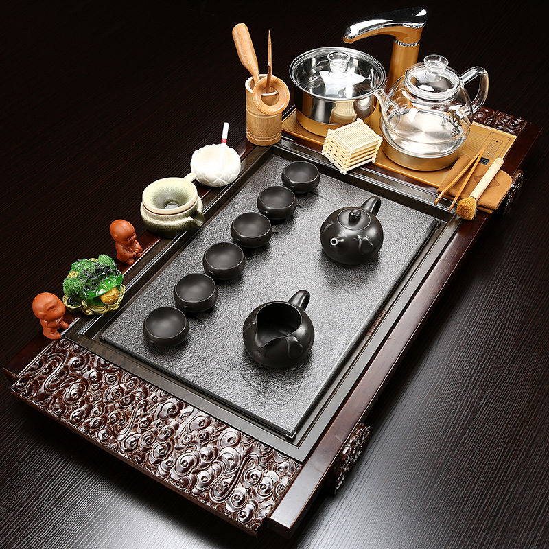 Sand embellish sharply stone of a complete set of tea service suit household kung fu tea with solid wood tea tray glass teapot tea cup