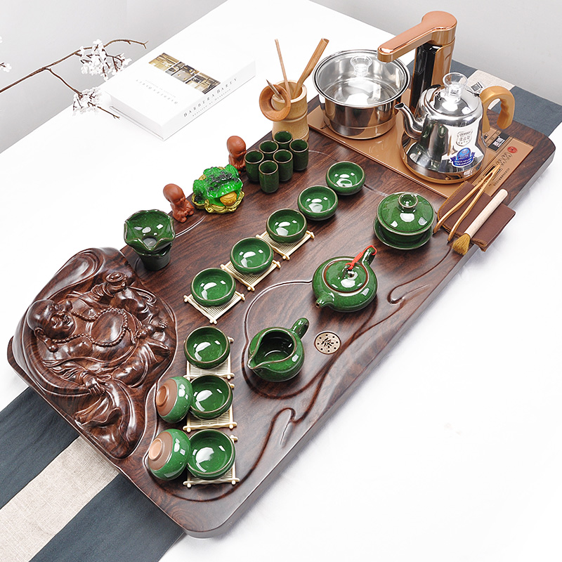 Tea set purple ice crack glaze kung fu Tea set solid wood Tea tray automatic induction cooker four unity