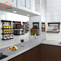 Black stainless steel kitchen shelf Wall-mounted wall-free perforated dishes and saucepans cover seasoning storage rack knife shelf