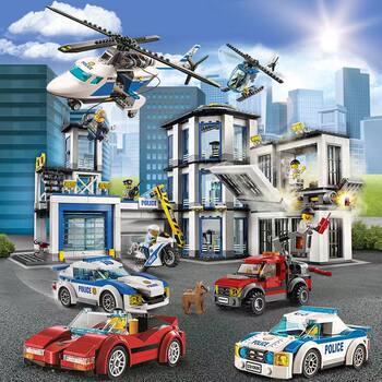 New City Series Police Headquarters Mobile Command Vehicle High-Speed Helicopter Patrol Vehicle Yacht Assembly Building Block Toy