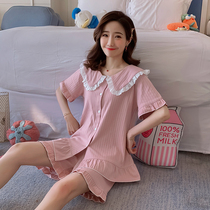 Summer pajamas female summer short sleeve cardigan thin cotton Korean sweet cute pink home clothes princess style set