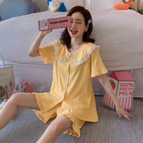 Pajamas womens summer short-sleeved cardigan thin cotton Korean version of sweet and lovely home clothes female summer princess style set
