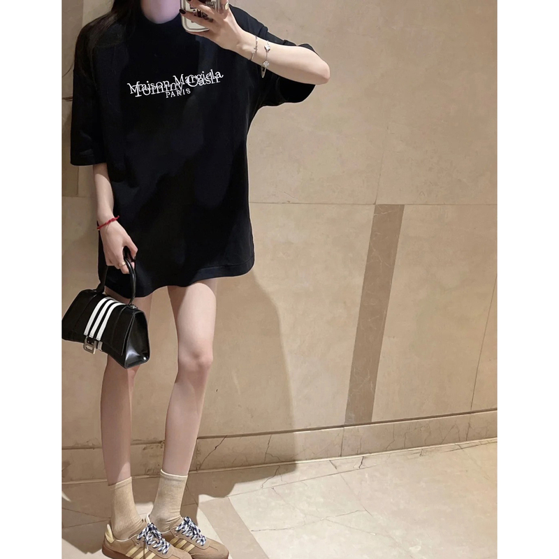 Half-Sleeve Oversized Pure Cotton Embroidered Black Short-Sleeve T-Shirt for Women, 2025 New Popular Summer Mid-Length Loose Top