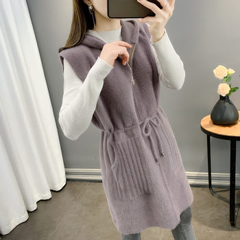 Mink velvet vest women's hooded spring and autumn 2022 new fashion all-match sleeveless cardigan sweater knitted vest jacket