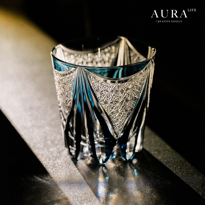 Aura's Edo Kiriko Blue Tide Phantom Hand-Carved Crystal Cup Whiskey Liquor Glass Gift