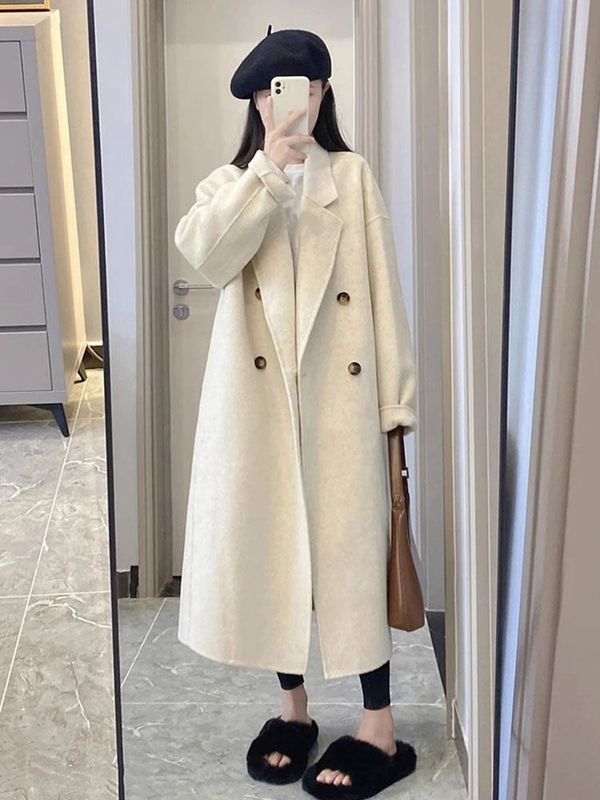 Suit-Style Cashmere Coat for Women, Over-The-Knee, 2023 New Autumn and Winter Korean Style, High-End Woolen Coat, Loose Fit