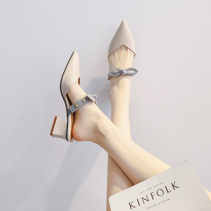 Tide brand bun head half slippers women wear the new 2021 summer fairy thick heel bow pointed high heel sandals