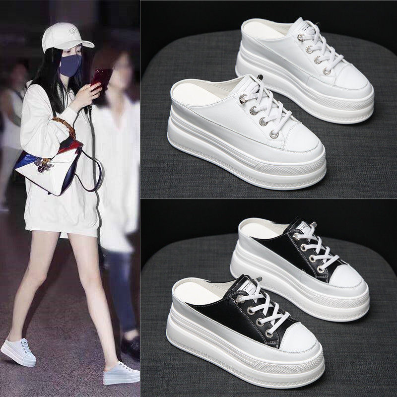 Tide Cards Baotou Half Slippers Women 2022 Summer New Korean version Net Red Nets heightening small white shoes Songcakes Thick Bottom Sloth Shoes