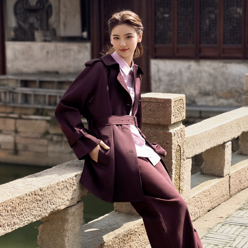 Langyu Ziyun Acetate Women's Trench Coat 2025 Spring and Autumn New Vintage High-End Waist-Cinching Design Elegant Overcoat