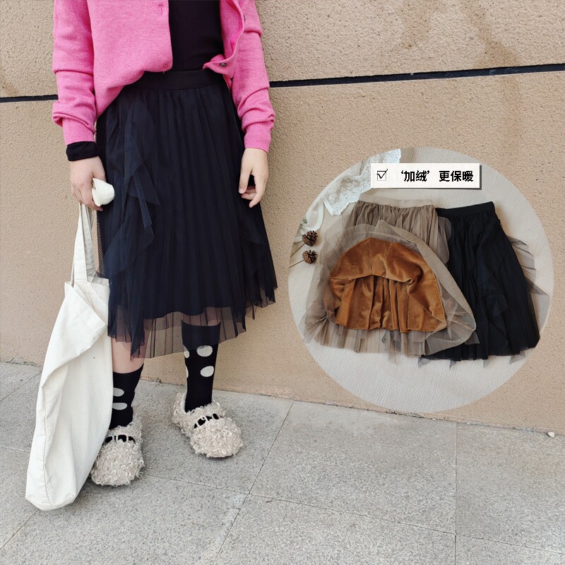 Children half-body dress-dresses dresses autumn-winter girl fairy gas plus suede plexigu dress Korean version female baby princess lotus leaf dresses