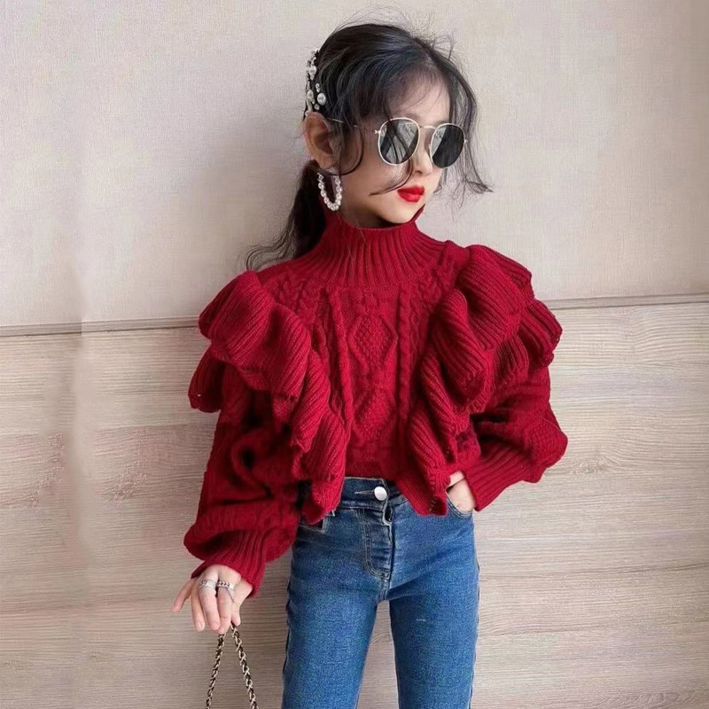 Children's red sweater autumn and winter girls Yansends retro lotus leaf New Year cashmere cardiovert Korean version baby high collar knit blouse