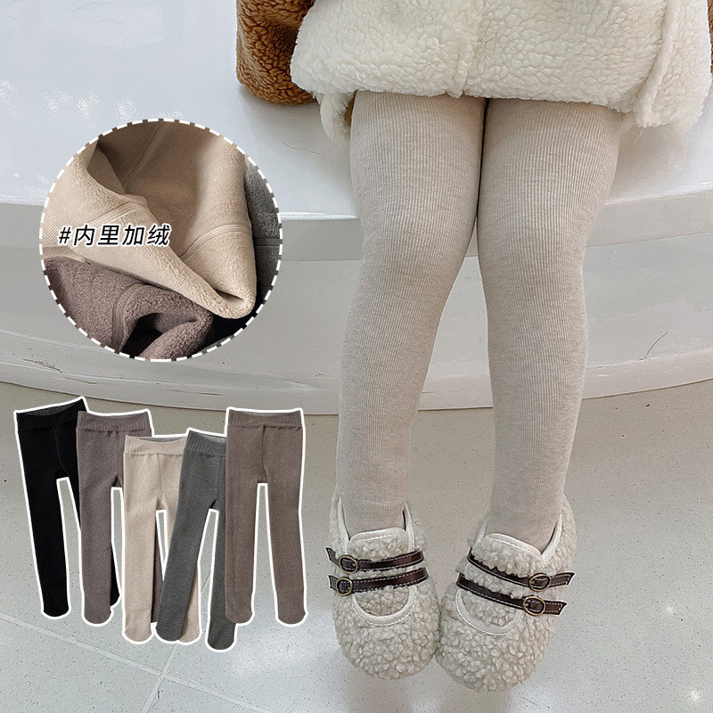 In-child Hitch Pants Plus Suede Thickened Winter Girl Elastic Vertical Streaks Inner Lap Pants Socks Korean version Baby Ocean High waist length pants